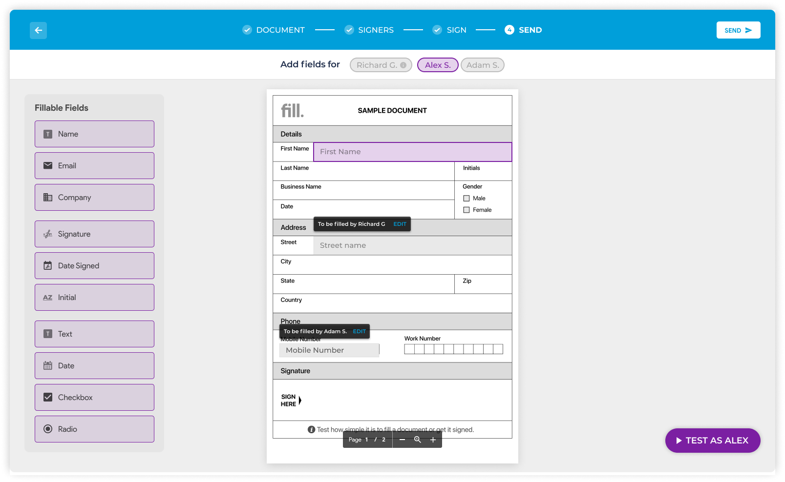 Digital document creation through Fill app