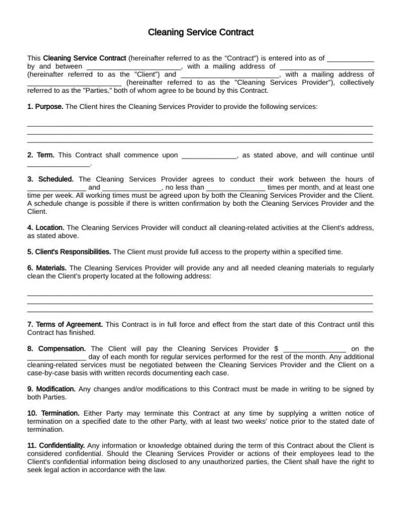 cleaning service agreement template