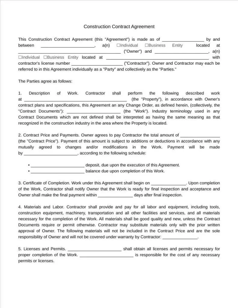 construction contract template