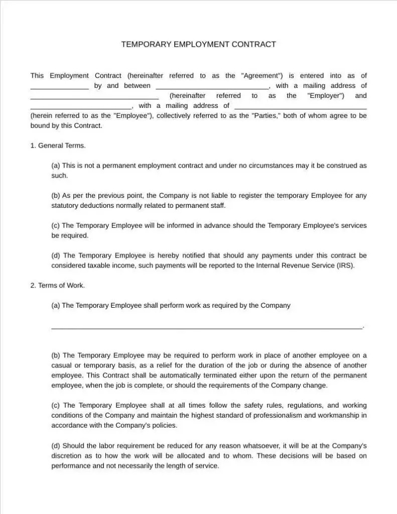 temporary employment contract template