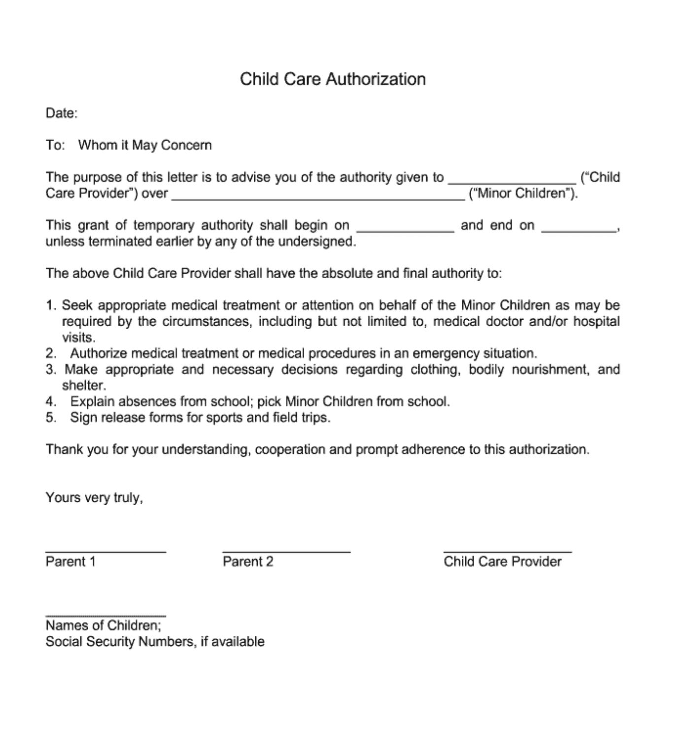 child care authorization template