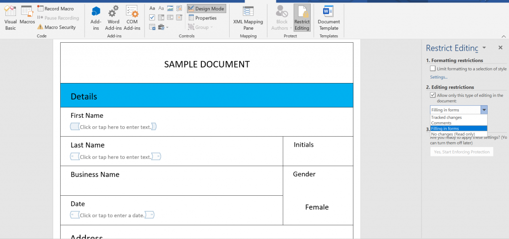 restrict editing for fillable forms ms word