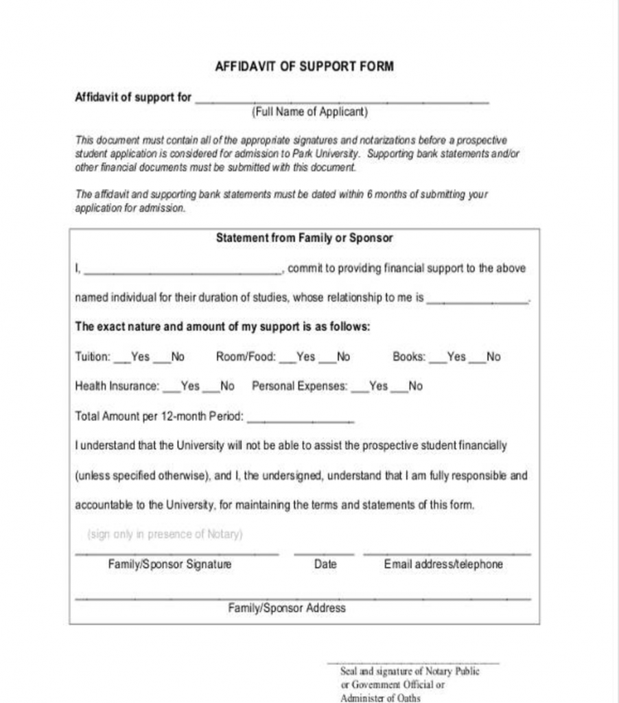 affidavit of support for student visa template