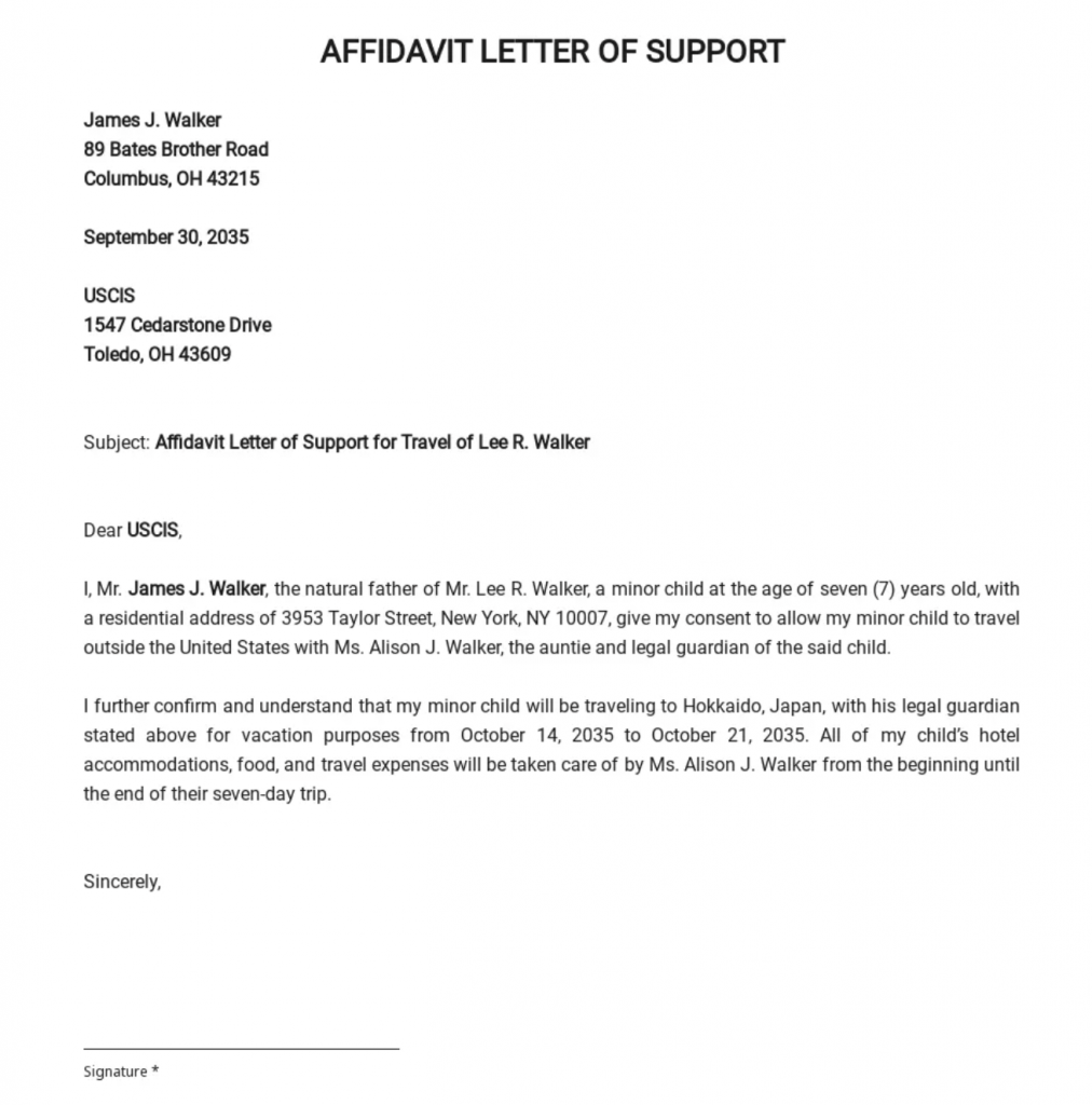 affidavit of support travel template