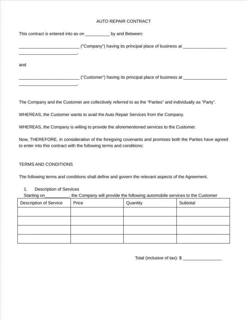 auto repair contract template