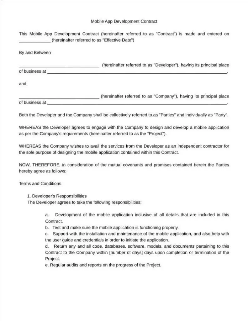 mobile app development contract template