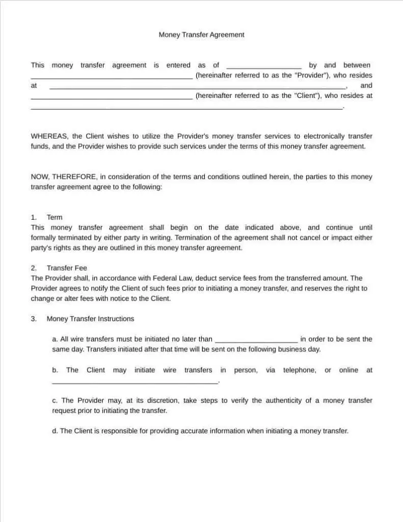 money transfer agreement template