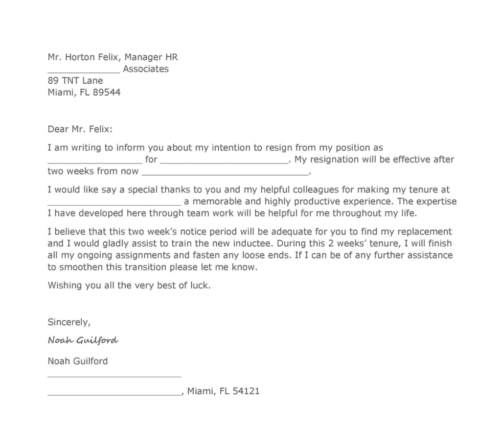 resignation letter few weeks notice template