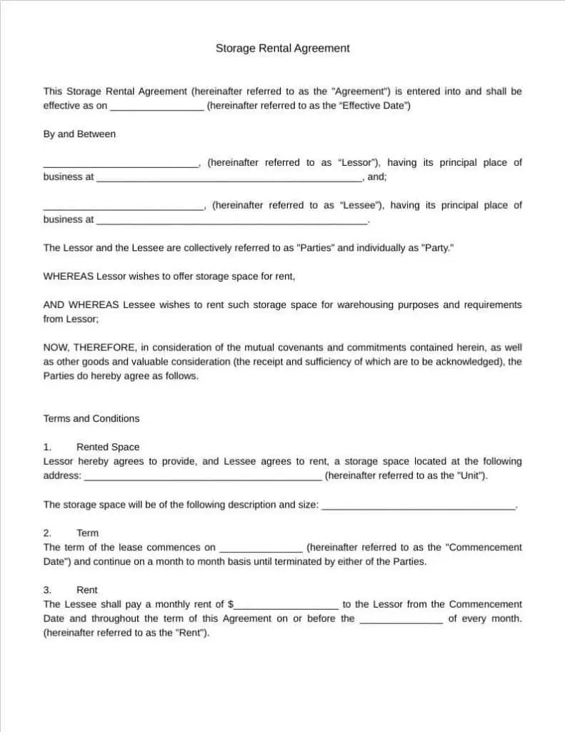 storage rental agreement template