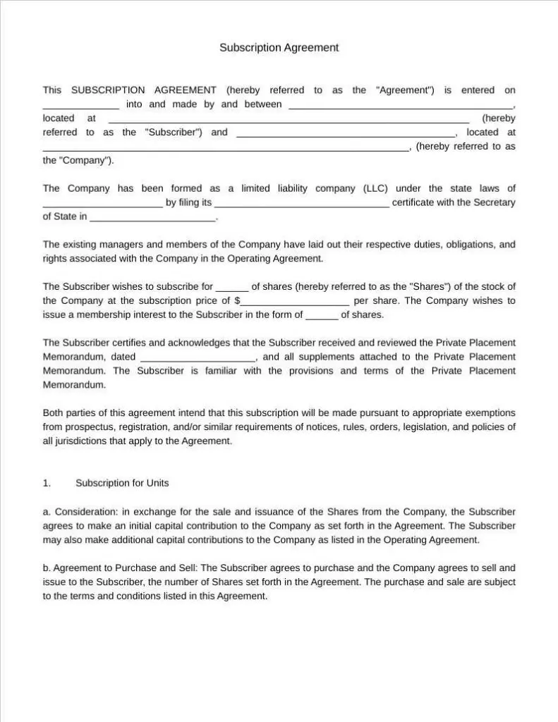 subscription agreement template