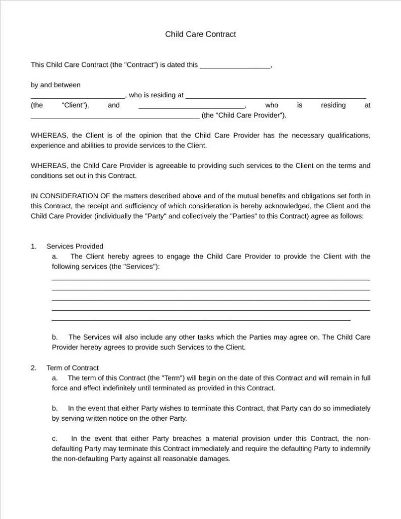 child care services contract template