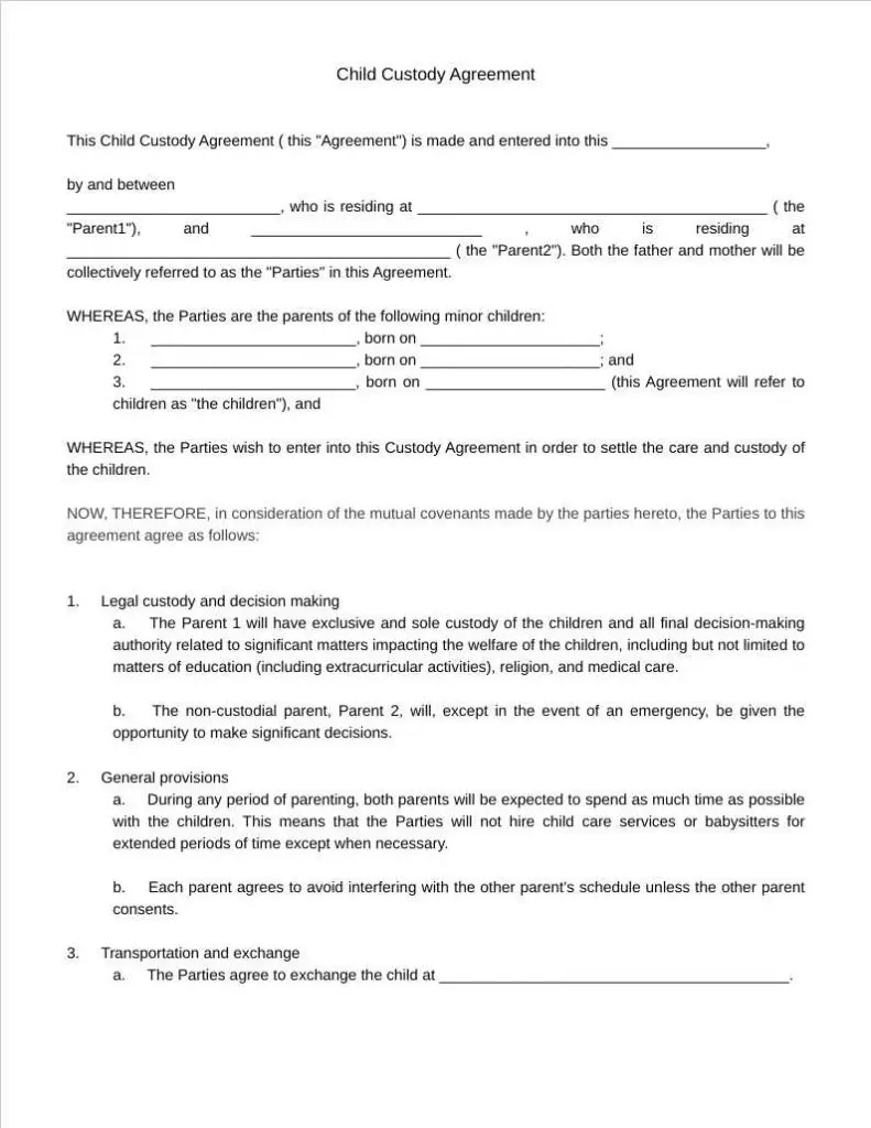 child custody agreement template