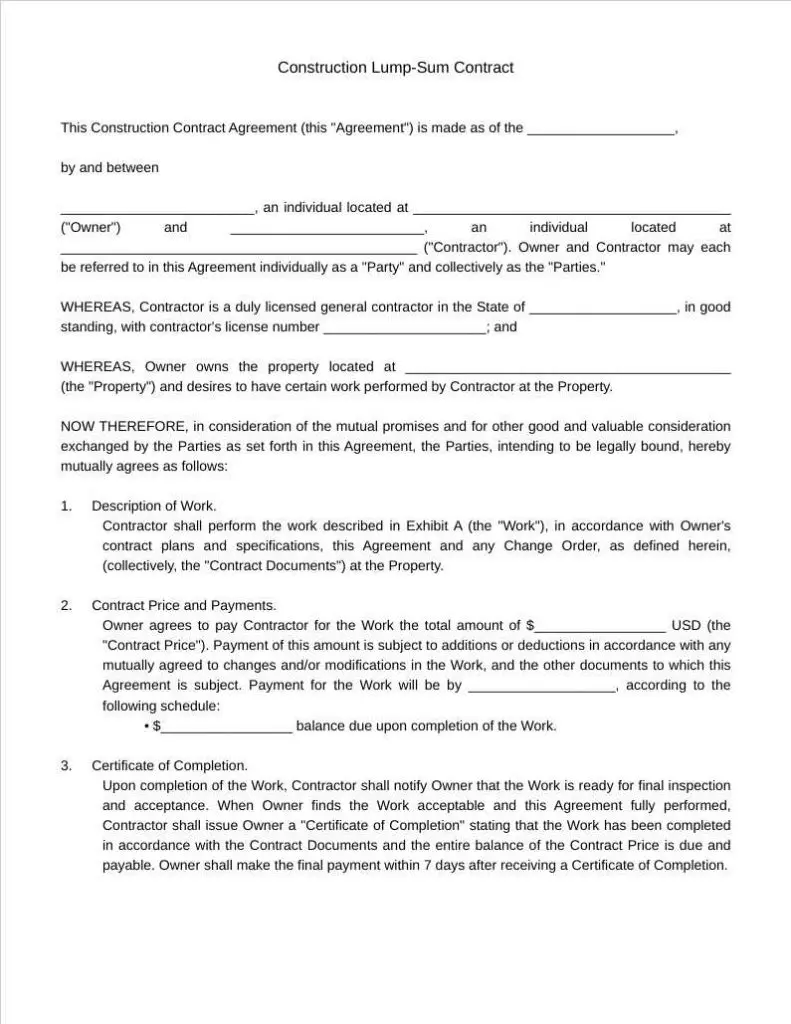 construction lump sum contract template