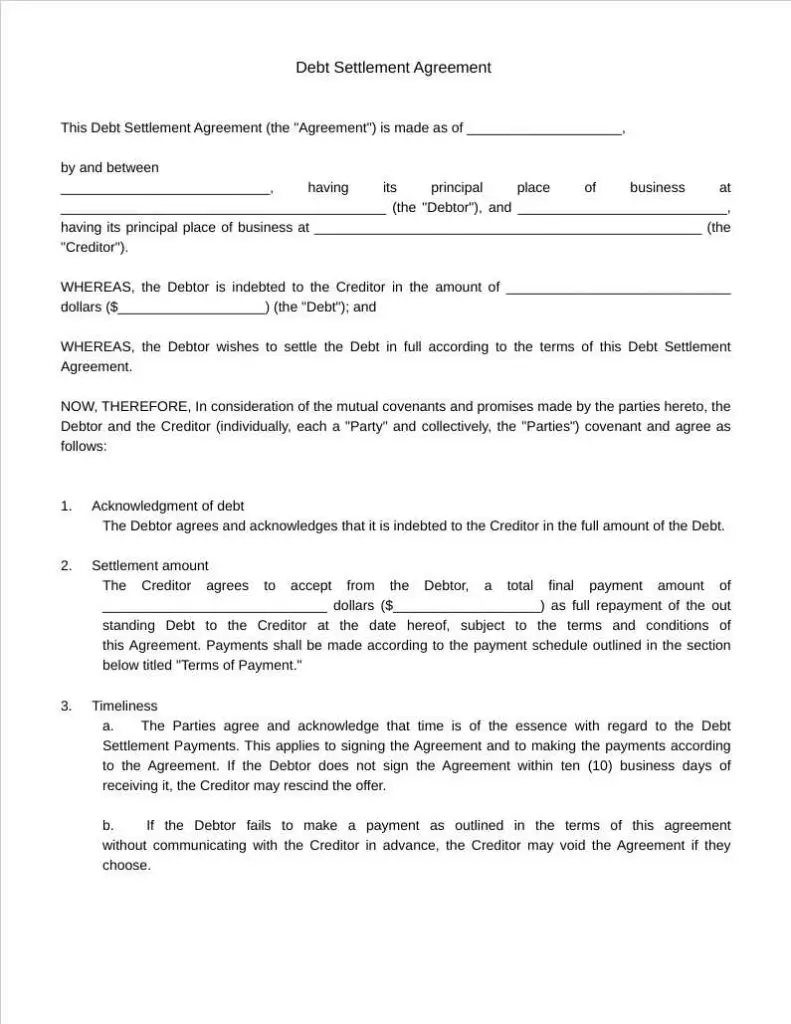 debt settlement agreement template