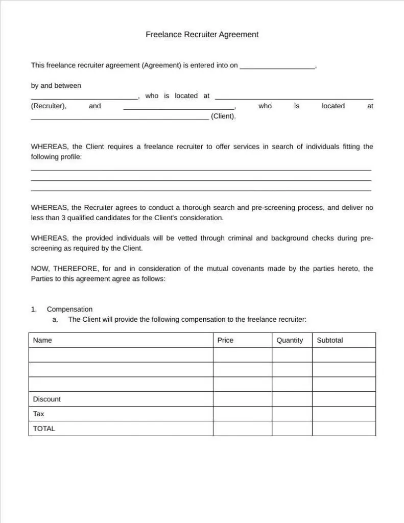 freelance recruiter agreement template