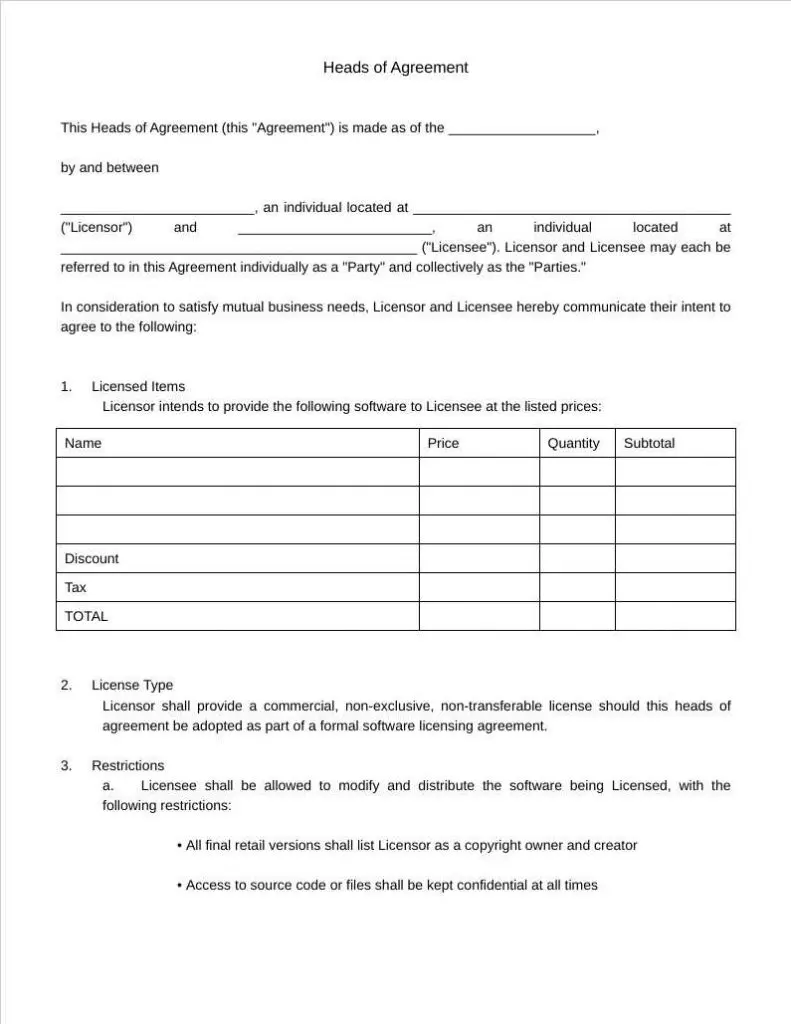 heads of agreement template