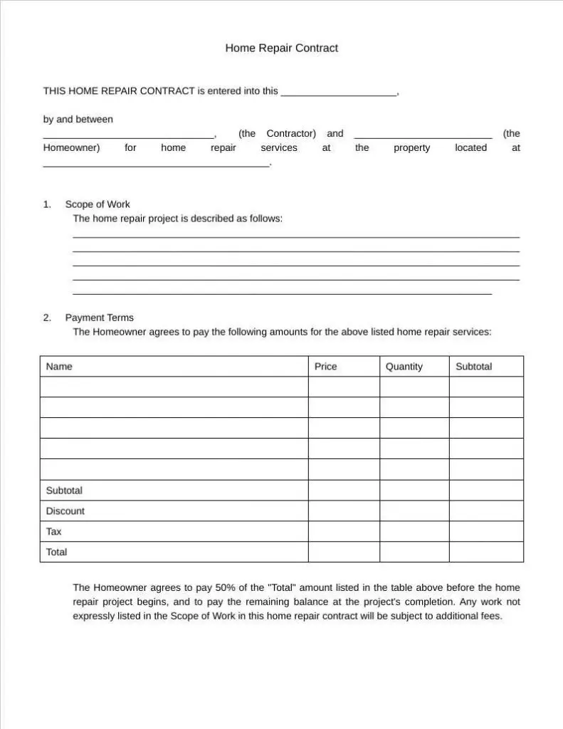 home repair contract template​