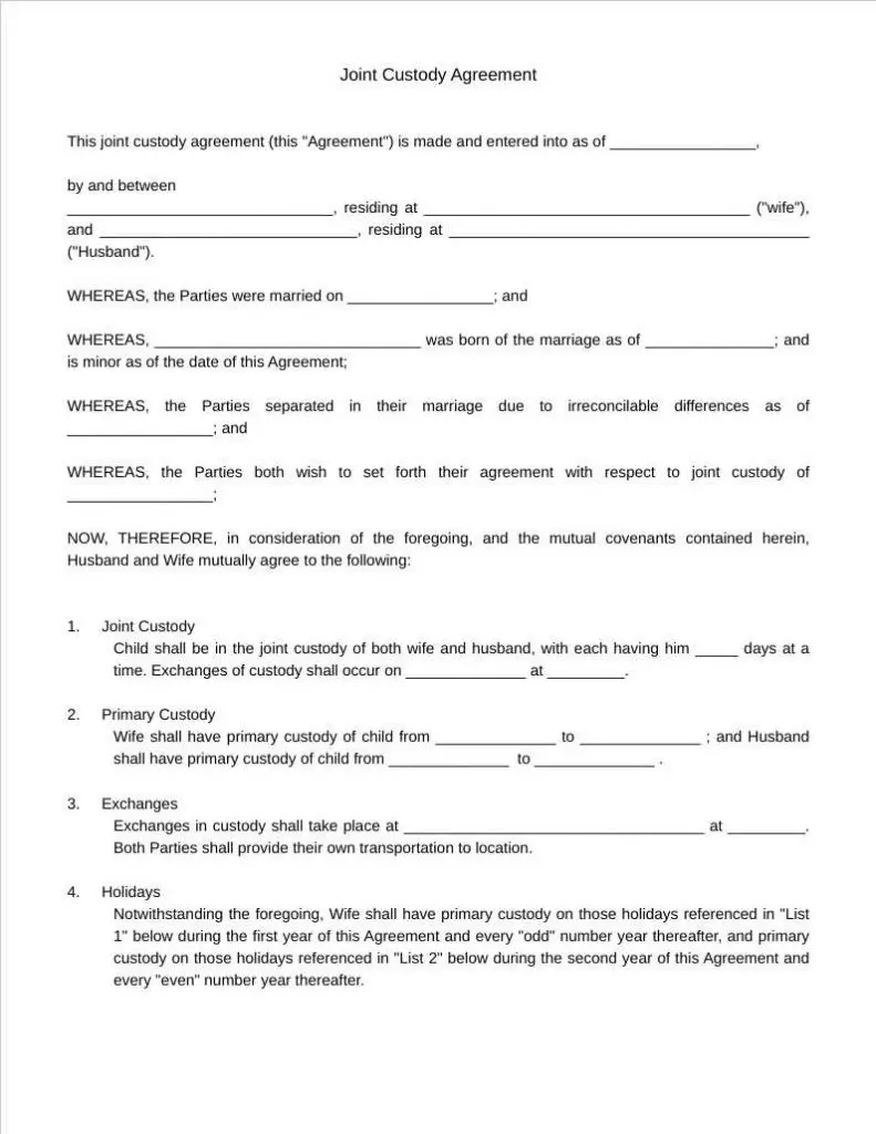 joint custody agreement template