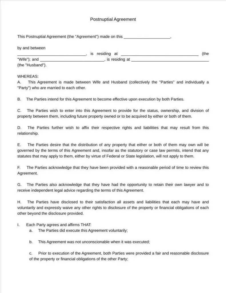 post nuptial agreement template