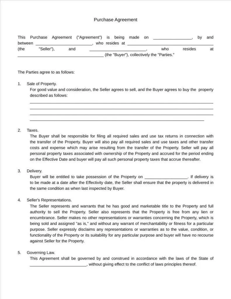 real estate sales purchase agreement template