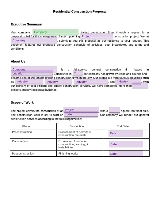 residential construction proposal template