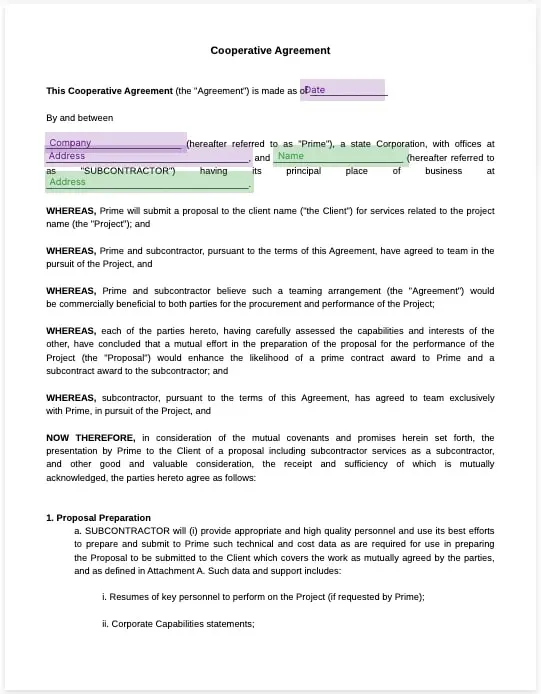 cooperative agreement template