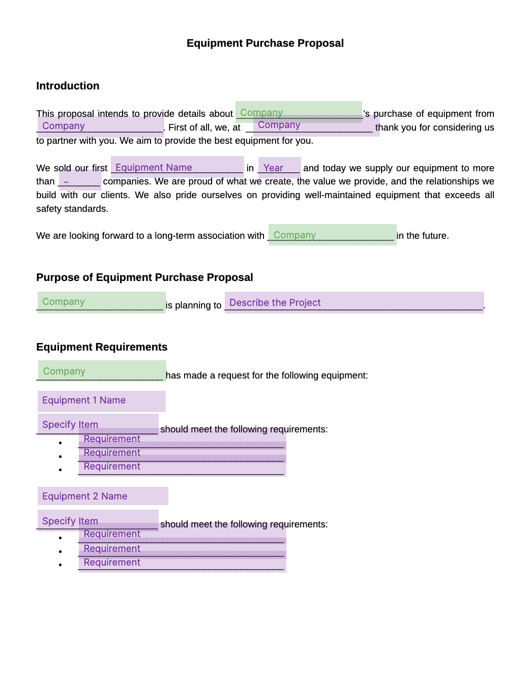 equipment purchase proposal template