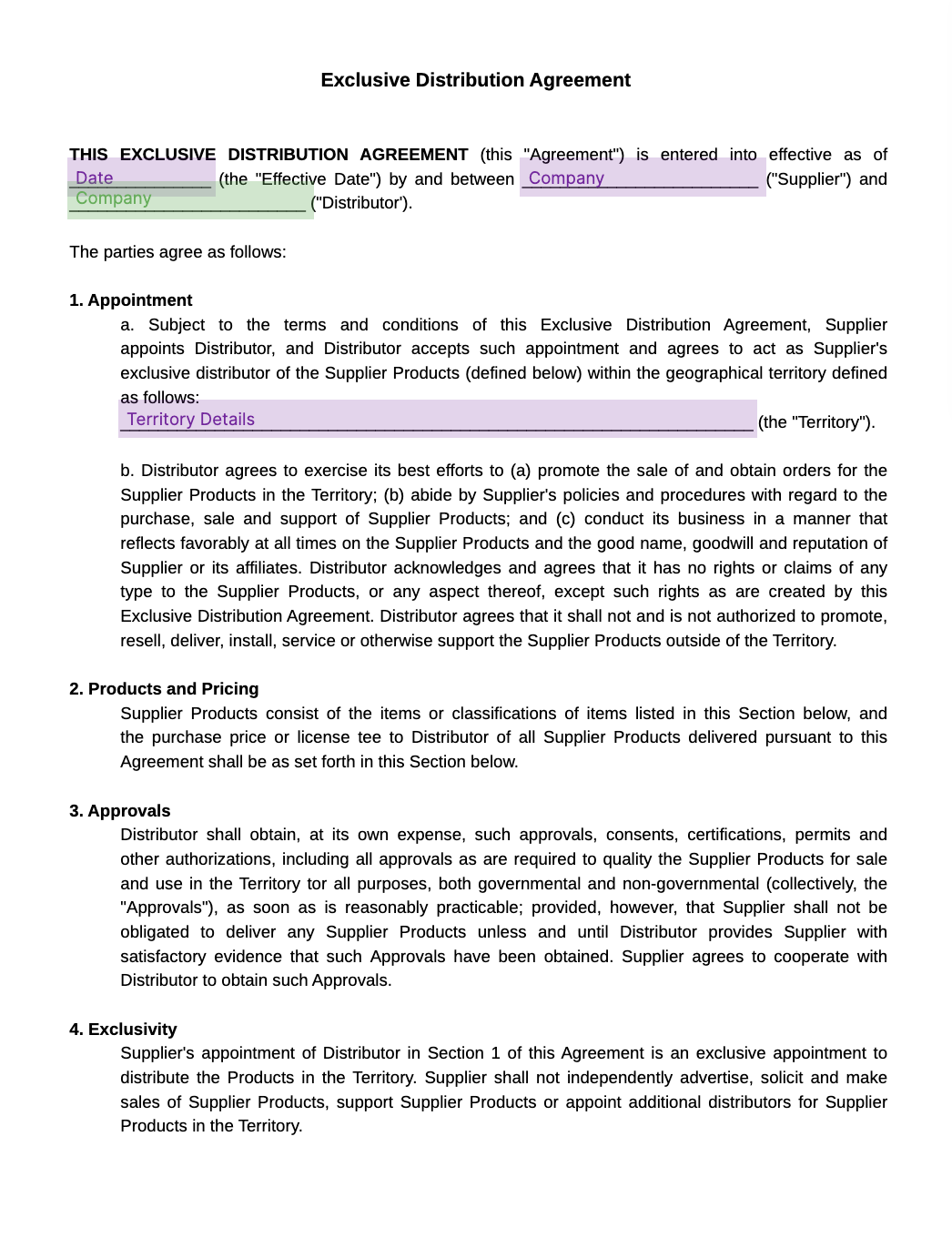 exclusive distribution agreement template