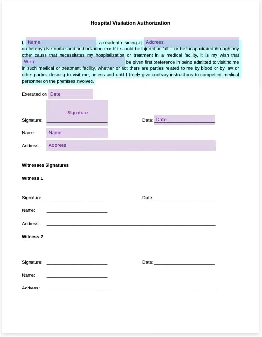 hospital visitation authorization template