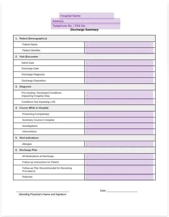 patient discharge summary template