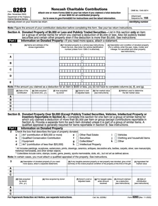 form 8283 noncash charitable contributions template