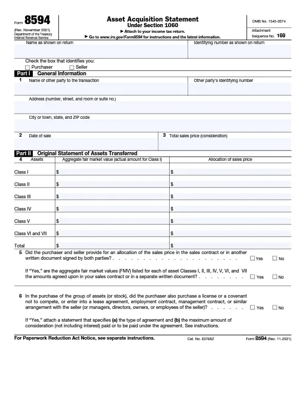 form 8594 asset acquisition statement to report the sale of your business template