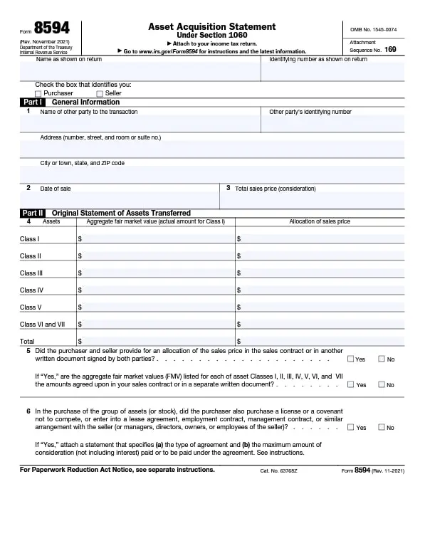 Form 8594: Asset Acquisition Statement Under Section 1060