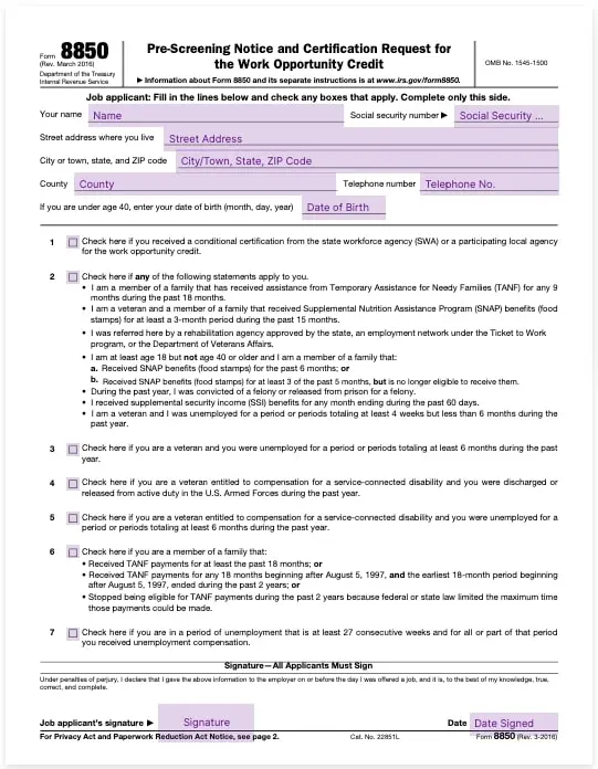 form 8850 pre screening notice and certification request for the work opportunity credit template