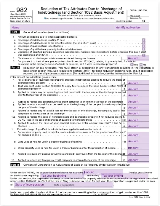 form 982 reduction of tax attributes due to discharge of indebtedness and section 1082 basis adjustment template