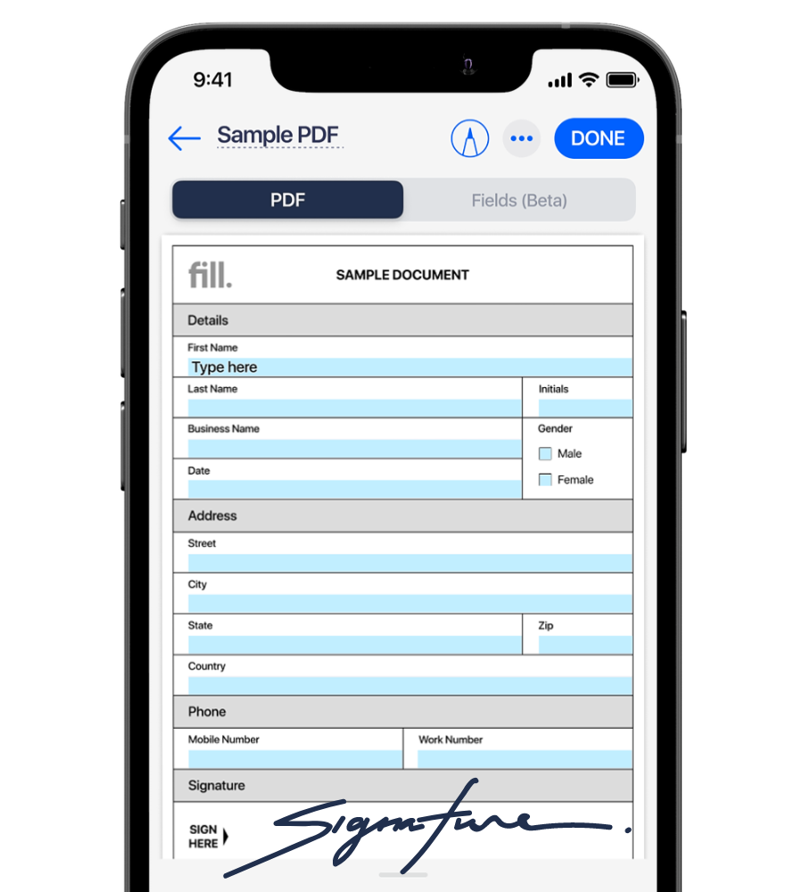 a mobile phone using Fill digital signature app to create contract