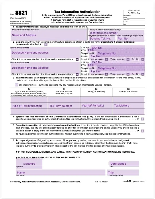 irs form 8821 tax information authorization template