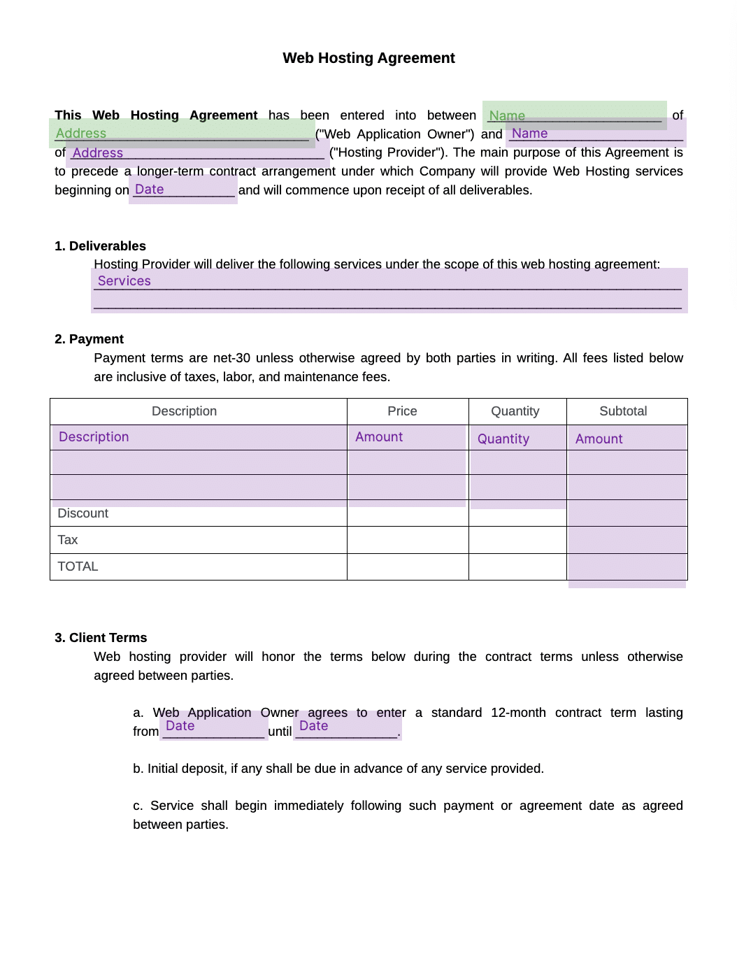 web hosting agreement template