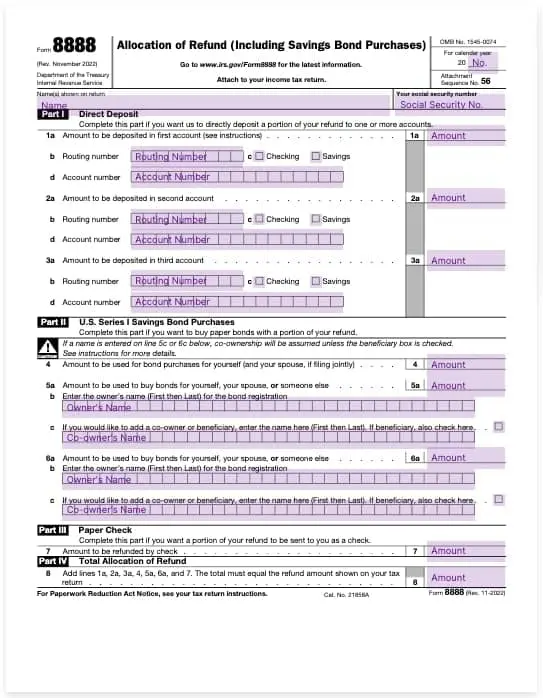 form 8888 allocation of refund including savings bond purchases template