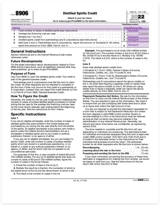 form 8906 distilled spirits credit template