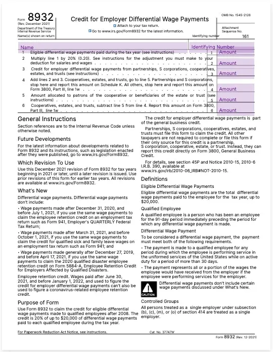 form 8932 credit for employer differential wage payments template