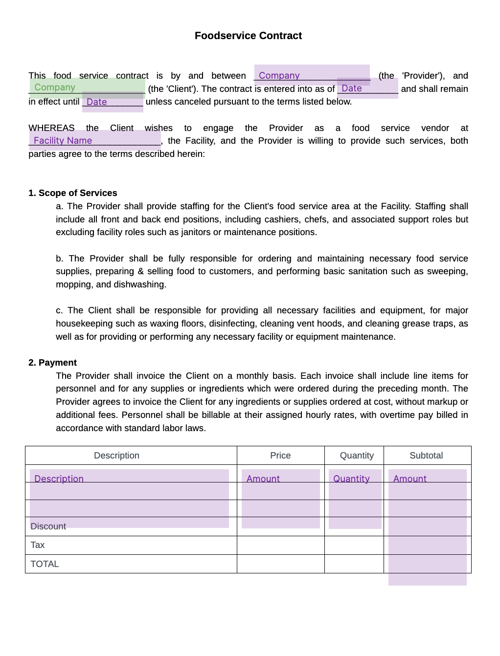 food service contract template