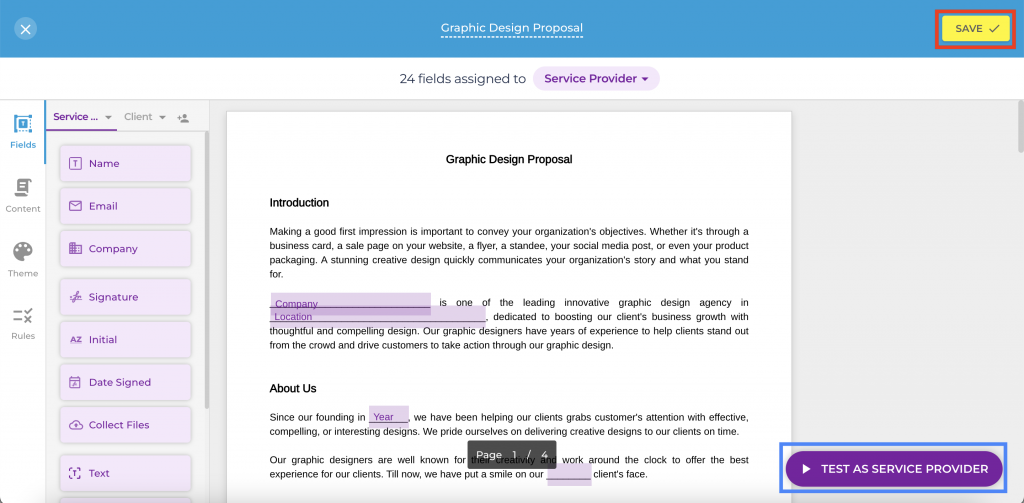 graphic design proposal save and test as service provider