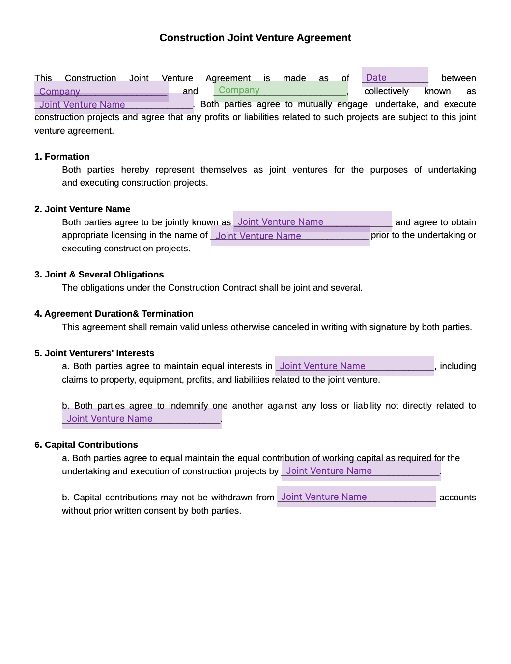 construction joint venture agreement template