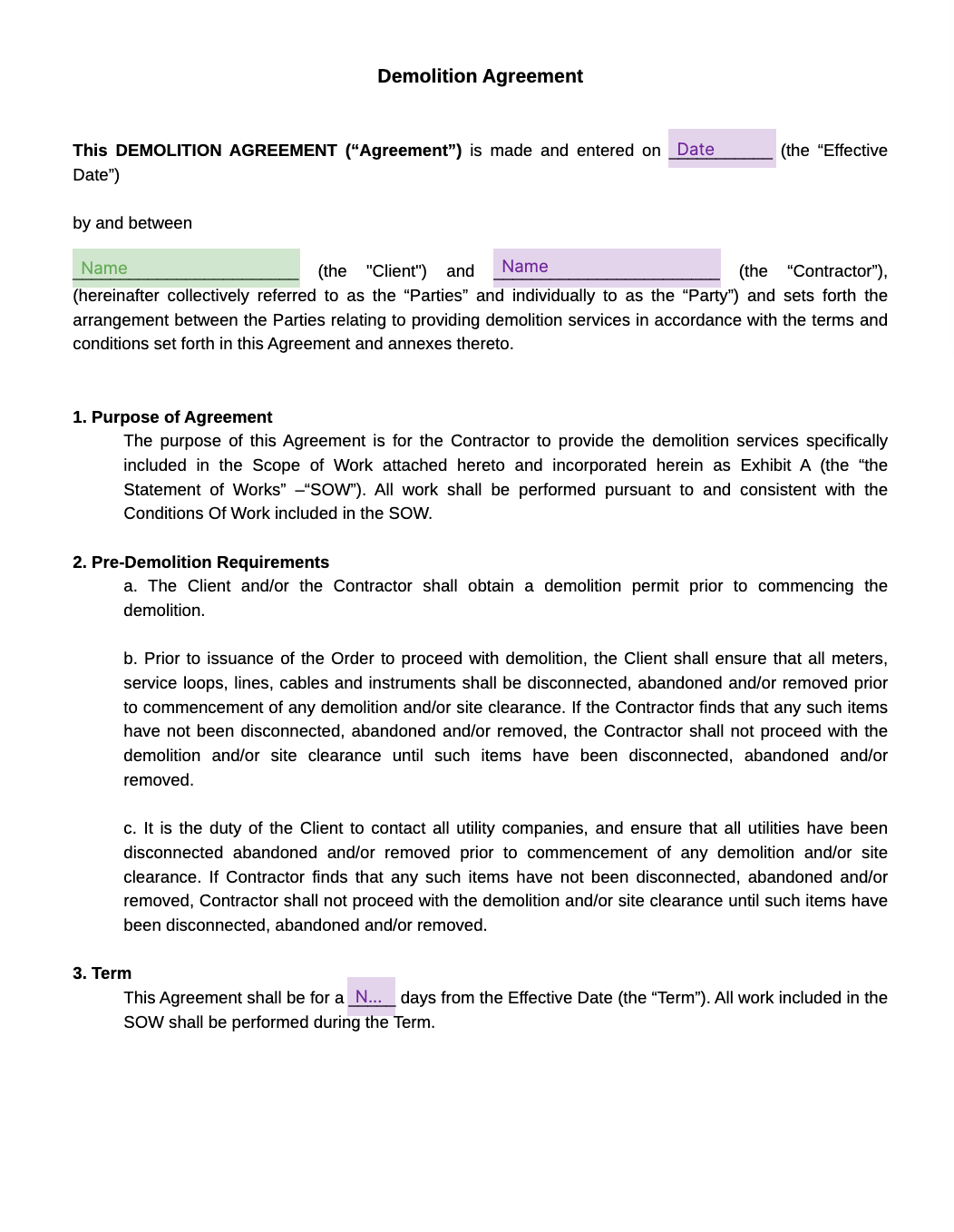 demolition agreement template