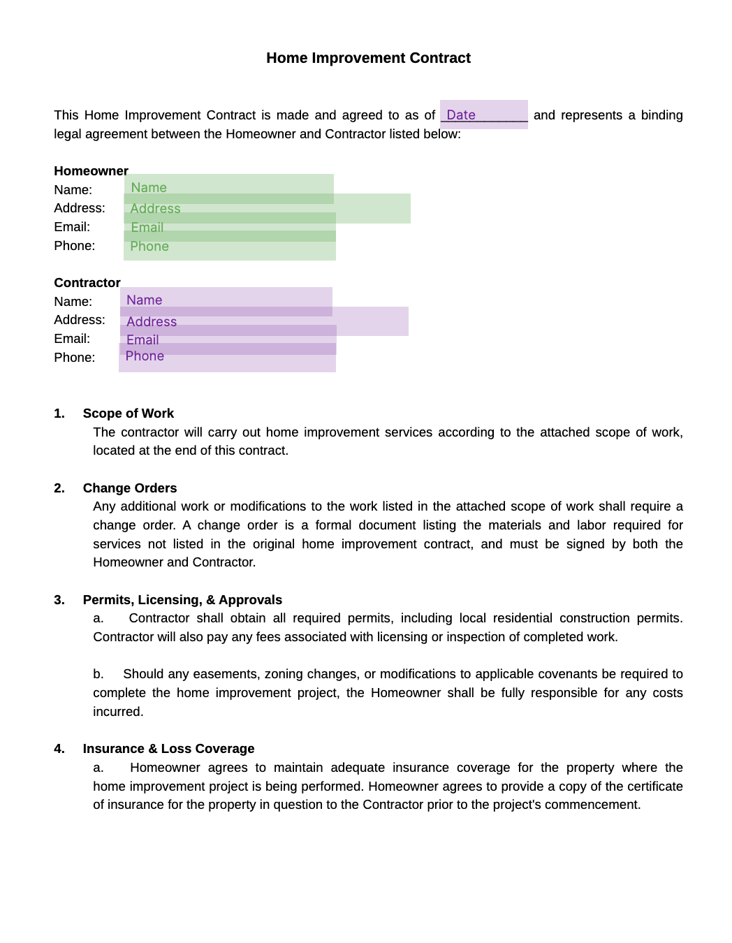 home improvement contract template