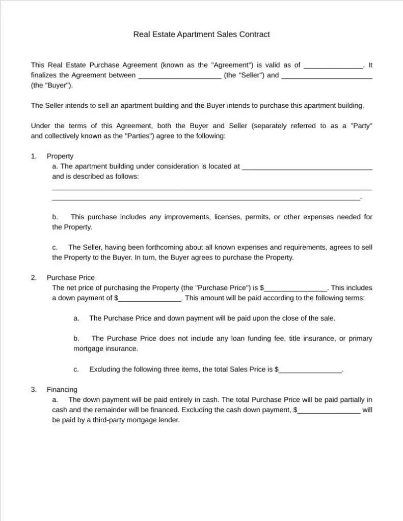 real estate apartment sales contract template