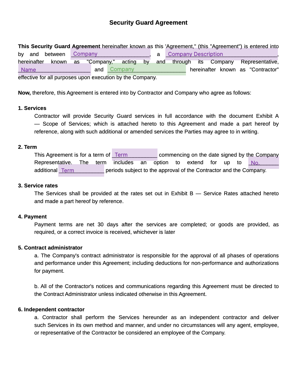 security guard agreement template