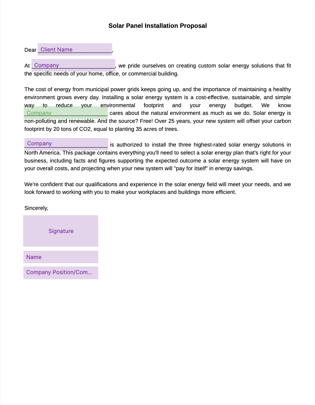 solar panel installation proposal template