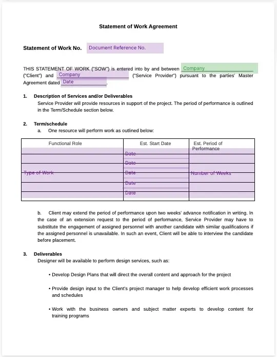 statement of work agreement template